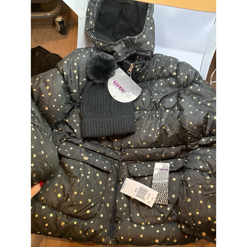 NEW girls size 14 Kensie Girl black puffer hooded jacket with a black beanie hat